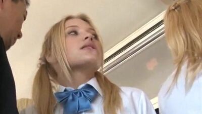 Cute blonde schoolgirl sucks dick in a bus and gets railed